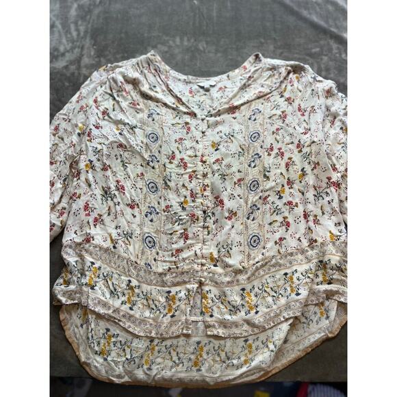 Lucky Brand Shirt Womens 2X Plus White Floral‎ 3/4 Sleeve Peasant Boho Top - Picture 1 of 7